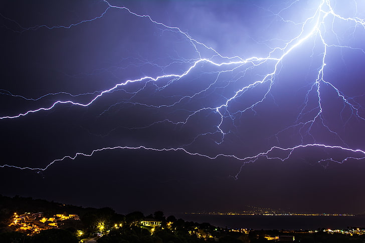 white lighting strike, sea, lightning, Corsica, blue, storm, power in nature, HD wallpaper
