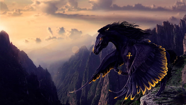 black horse, fantasy art, fantasy world, sky, mythical creature