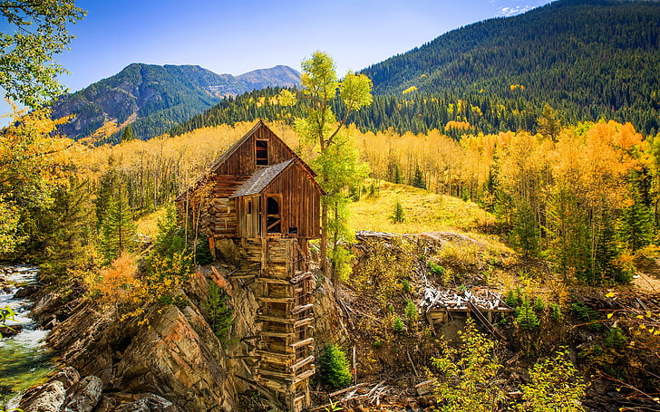 Autumn Landscape Colorado Us%d0%b0 Crystal River Mountains Aspen Trees With Golden Yellow Leaves Pine Forest Wooden House Nature Wallpaper Hd 4200×2625