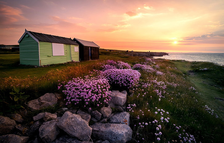 nature, landscape, sky, clouds, sunset, sea, England, house, HD wallpaper