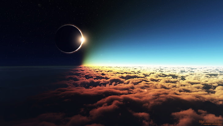solar eclipse, space, clouds, Moon, video games, Sun, space art