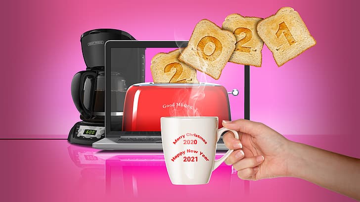 2021, toast, toaster, coffee, Happy New Year, HD wallpaper