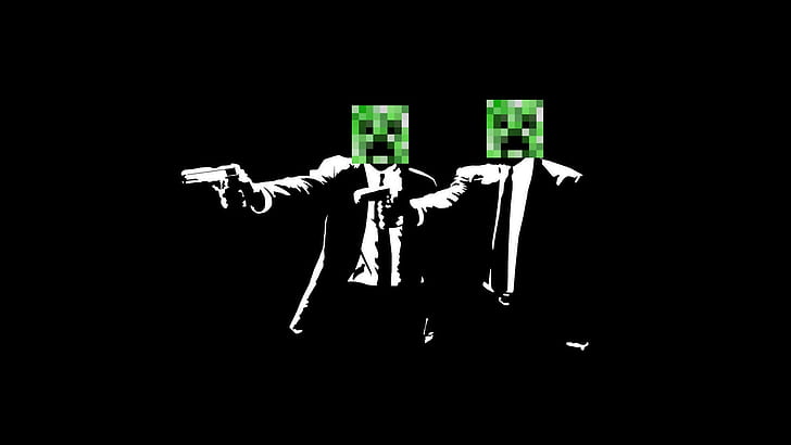 Minecraft Pulp Fiction Black Creeper HD, two pixilated head holding gun photo