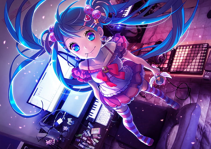 Hatsune Miku illustration, yamori, stom, vocaloid, keyboard, synthesizer