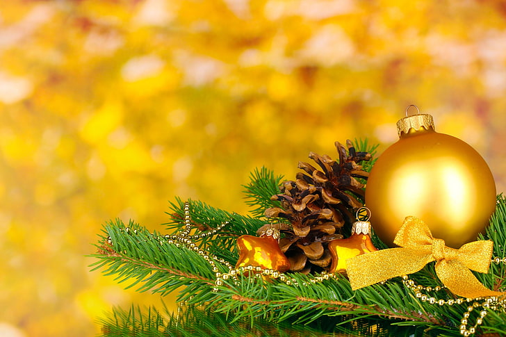 HD wallpaper: gold Christmas bauble, yellow, background, holiday, balls,  Wallpaper | Wallpaper Flare