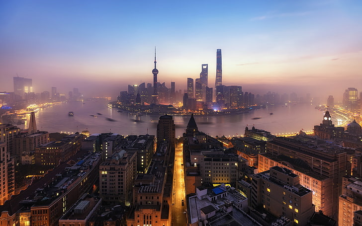 Shanghai Huangpu River Lujiazui Skyscrapers Mornin.., building exterior, HD wallpaper