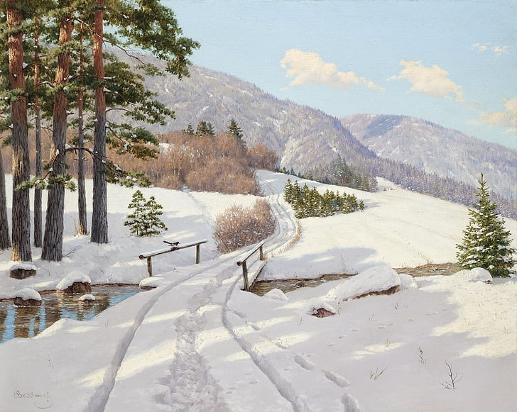 brown wooden bridge near trees, winter, painting, snow, artwork, HD wallpaper
