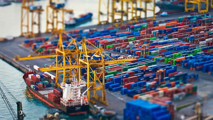 Tilt Shift Containers HD, boat, colors, cranes, water