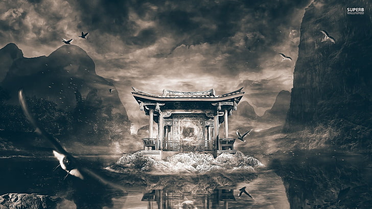 landscape, China, mountains, lake, cloud - sky, architecture, HD wallpaper