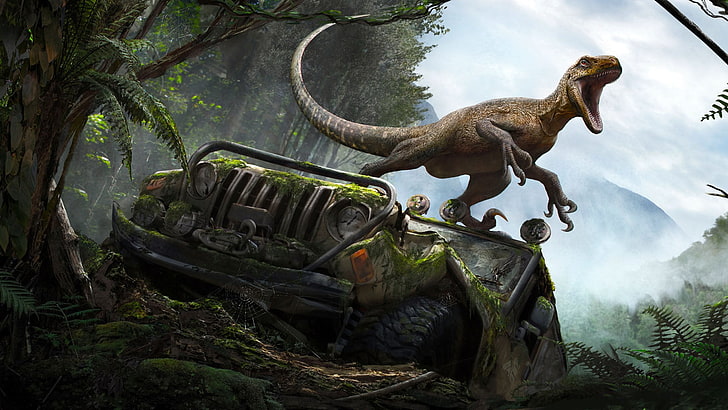 artwork, Jeep, wreck, vehicle, dinosaurs, animal representation, HD wallpaper