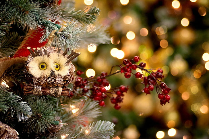 New Year toys, tree, spruce, Christmas, New Years, owl, holly