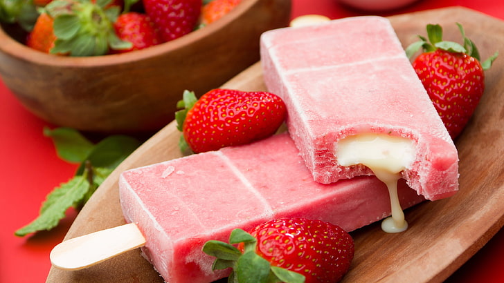strawberry, dessert, frozen dessert, ice cream, dairy product, HD wallpaper