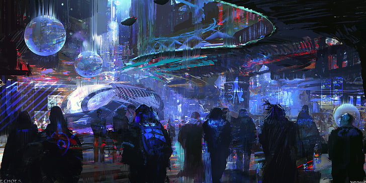 people walking at the street painting, cyber, cyberpunk, science fiction