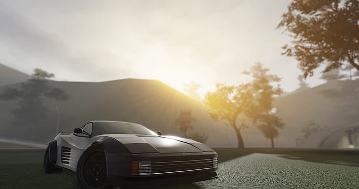 Roblox, Pacifico (Roblox Game), sunrise, sun rays, Ferrari Testarossa