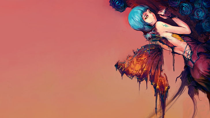blue haired female character illustration, artwork, fantasy art