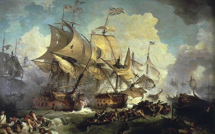 battle, boat, British Flag, Classic Art, clouds, Naval Battles, HD wallpaper
