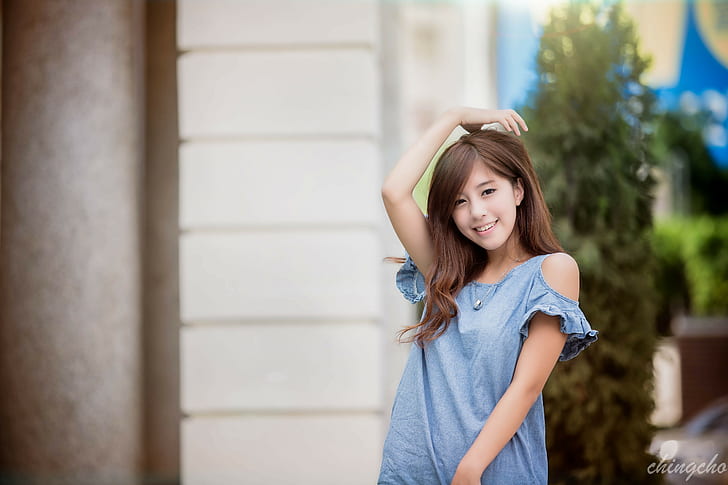 chingcho, Taiwan, Taiwanese, Asian, women, blue tops, brunette, HD wallpaper