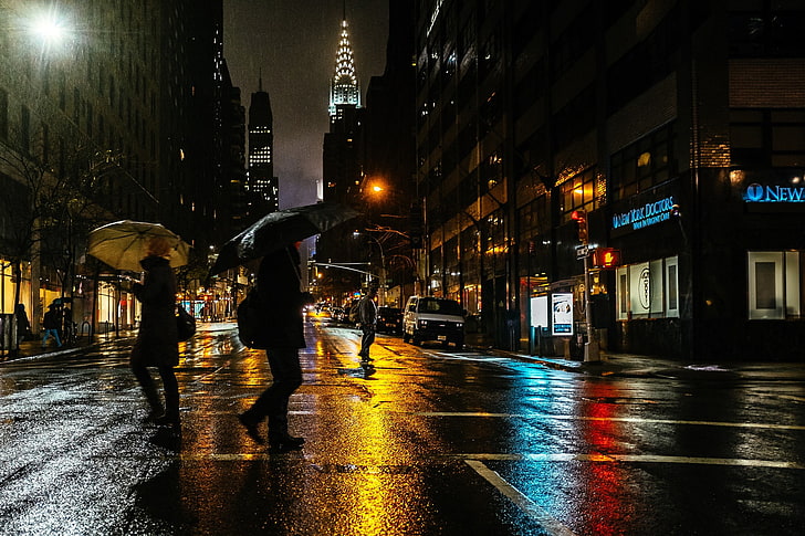 city, umbrella, rain, women, New York City, night, street, architecture, HD wallpaper