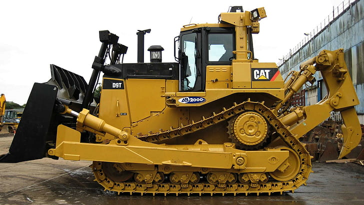 Caterpillar D9t, yellow, earth mover, black, steele, photoshop, HD wallpaper