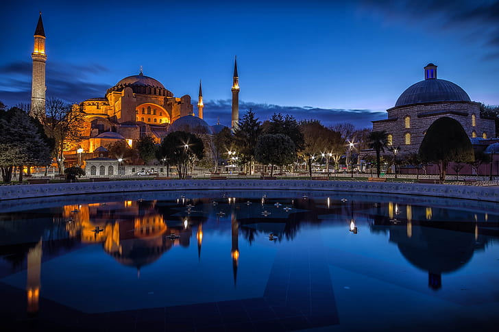 hagia sophia, ayasofya, istanbul, mosque, night, reflection, HD wallpaper