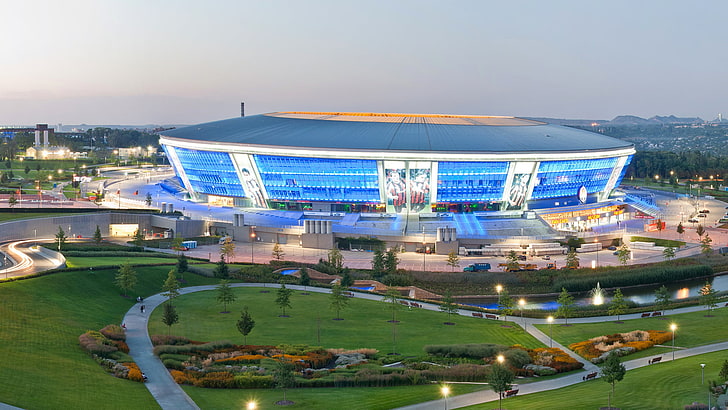 blue and white building, stadium, Donetsk, Donbass Arena, architecture