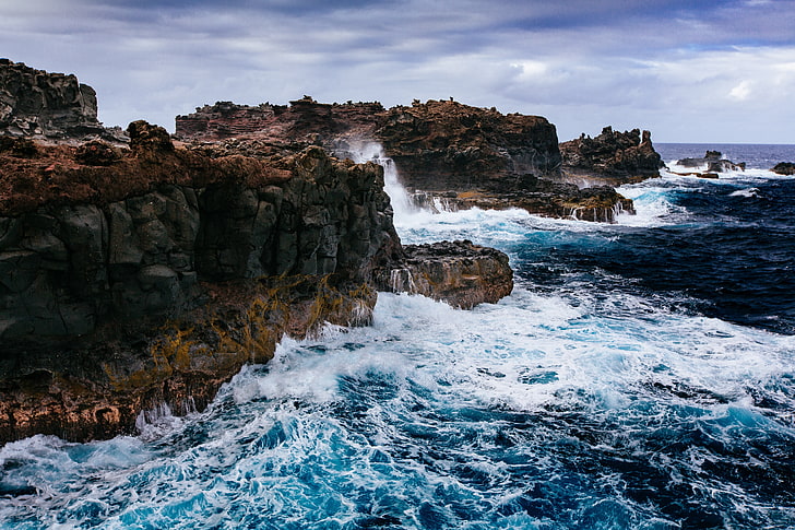 cliff, sea, waves, clouds, nature, HDR, water, rock, rock - object, HD wallpaper