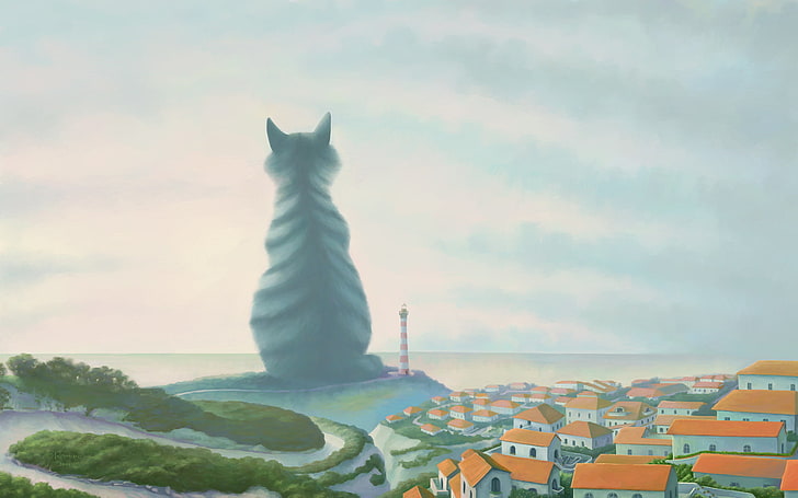 black cat statue illustration, the city, lighthouse, giant, nature, HD wallpaper