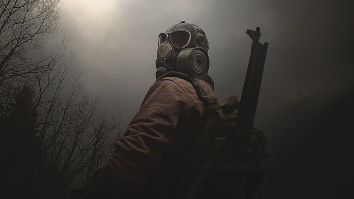 men's brown jacket and mask, S.T.A.L.K.E.R., gas masks, forest, HD wallpaper