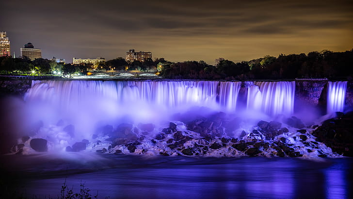 the sky, night, lights, river, home, Niagara falls