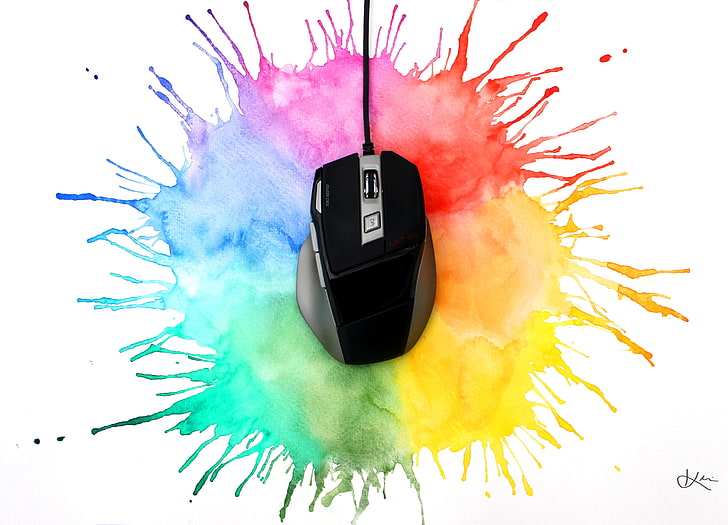 black and gray corded gaming mouse, watercolor, PC gaming, computer mice