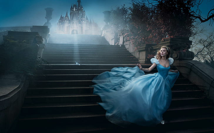 scarlett johansson stairways cinderella blue dress, HD wallpaper