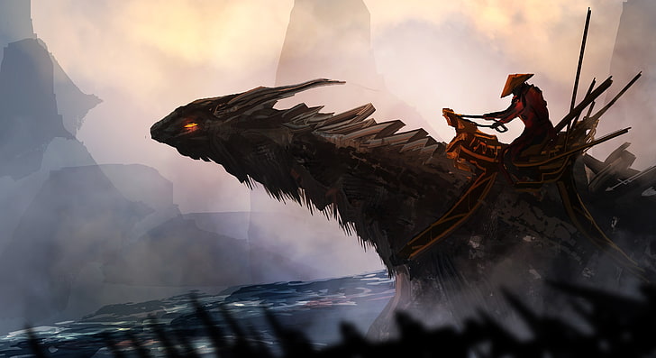 gray dragon illustration, fantasy art, samurai