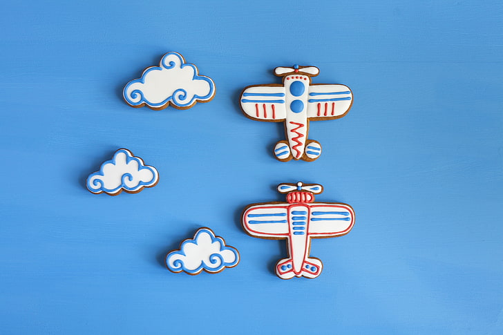 cookies, food, blue, icing, airplane, clouds, colored background, HD wallpaper