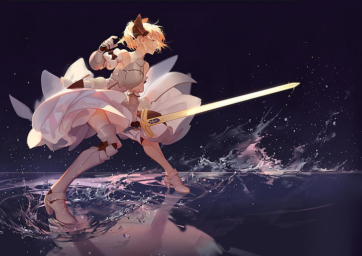 female in white dress holding sword anime, anime girls, Fate Series