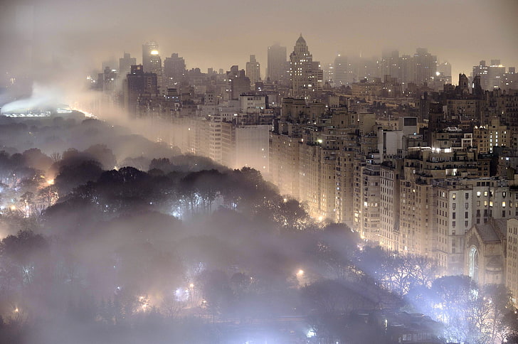 white skyscrapers, mist, cityscape, New York City, building, trees, HD wallpaper