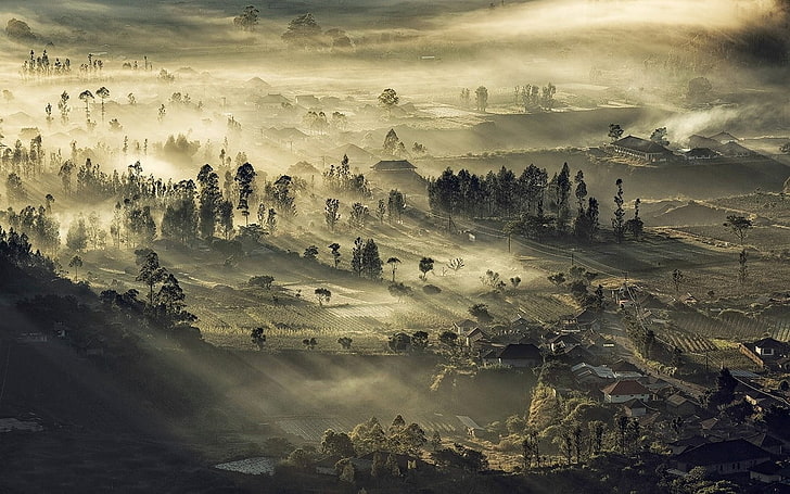 videogame digital wallpaper, nature, landscape, mist, Indonesia, HD wallpaper