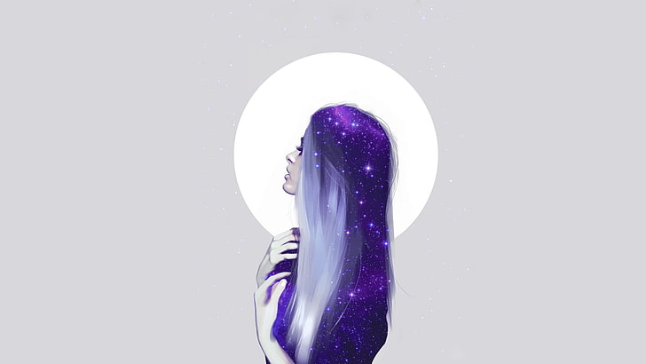 purple-haired woman illustration, artwork, studio shot, indoors