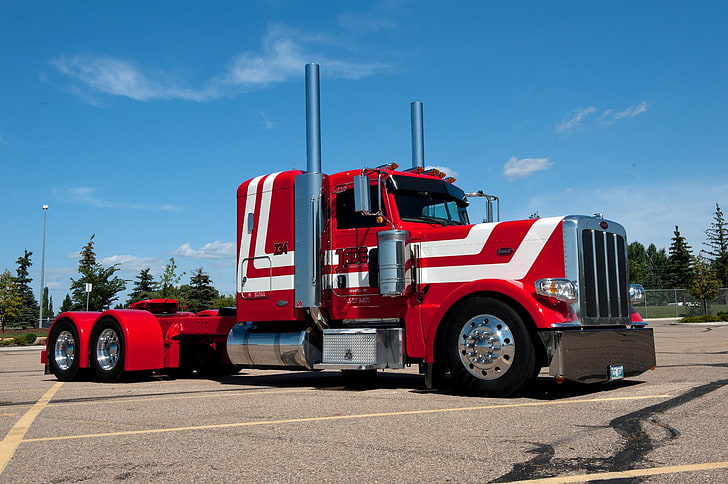 red and white tractor unit, vehicle, Peterbilt, Truck, transportation, HD wallpaper