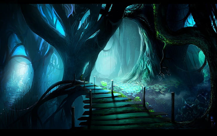 fantasy art digital art drawing nature trees bridge wood forest, HD wallpaper