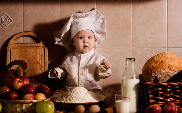 Cute Little Boy Chef, baby's white chef outfit, baby boy, milk, HD wallpaper
