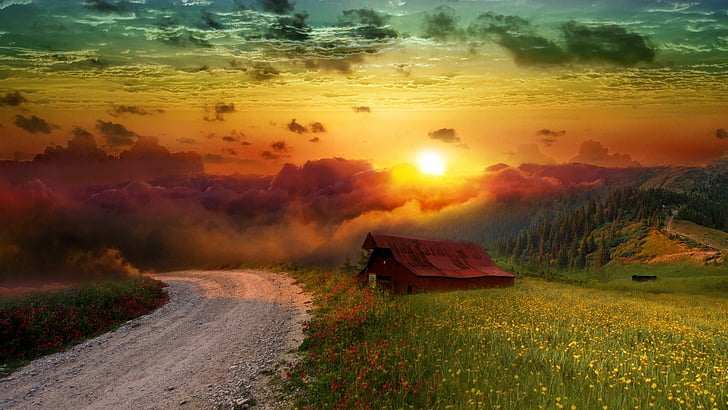 shanty, sunset, meadow, pathway, HD wallpaper