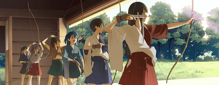 Anime, Kantai Collection, Akagi, KanColle, Zuikaku, Hiryuu, Shoukaku, Kaga, Souryuu, six women holding bow and arrow characters