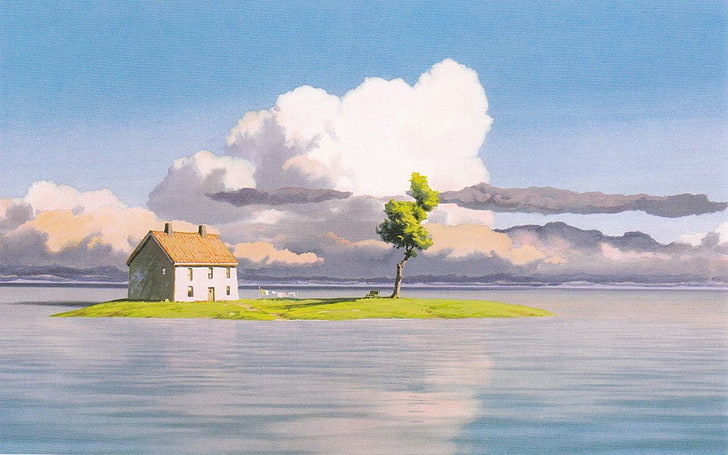 brown and white house and island illustration, flood, anime, Studio Ghibli