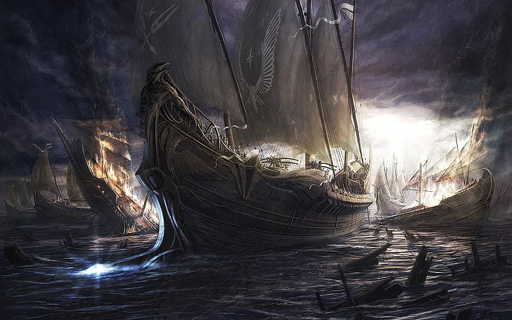 painting of pirate boat, sailing ship, fantasy art, artwork, dark