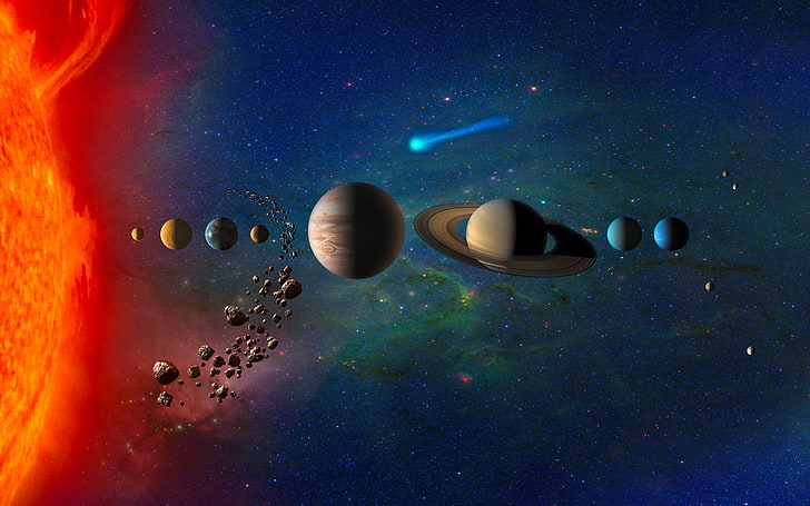 Solar System, planet, Saturn, stars, asteroids, comet, Earth