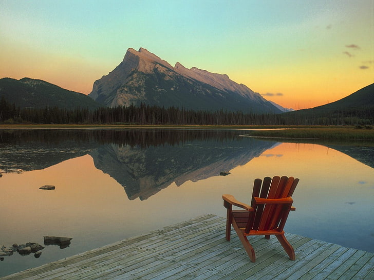 brown wooden Adirondack chair, mountains, lake, reflection, Banff National Park
