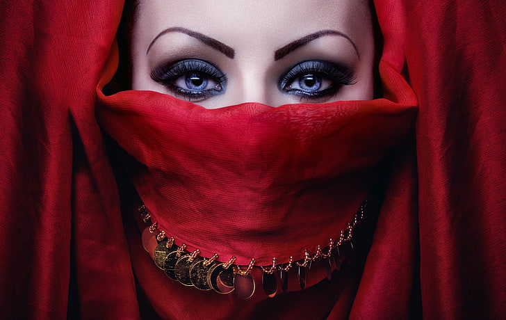 women, model, face, portrait, red, makeup, looking at camera