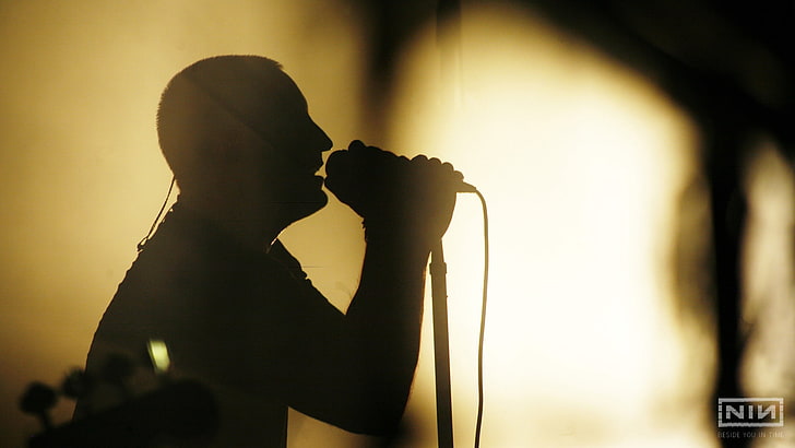 corded microphone, nine inch nails, soloist, guitar, silhouette