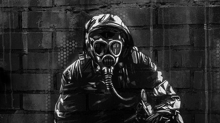 black gas mask, surface, wall, graffiti, texture, machine, Stalker, HD wallpaper