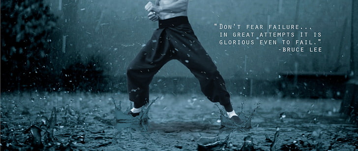 ultra-wide, quote, Bruce Lee, one person, wet, water, low section
